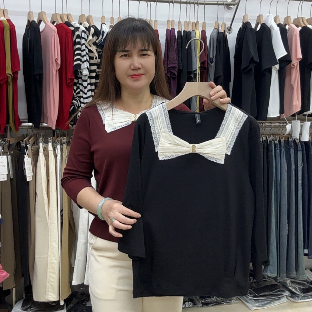 新款秋季短袖T恤常规休闲风拼接袖蝴蝶结2805