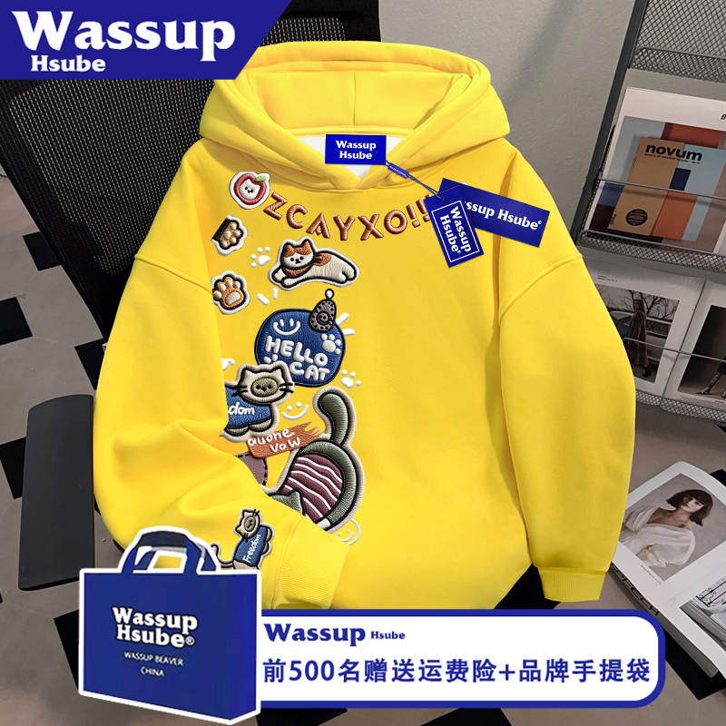 WASSUP HSUBE秋冬潮流感连帽套头卫衣卡通小猫印花男女款黄色上衣