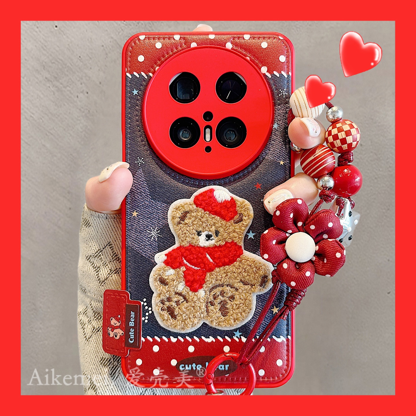 适用华为mate70pro+手机壳蓝红牛仔纹mate60pro+星星刺绣小熊链条