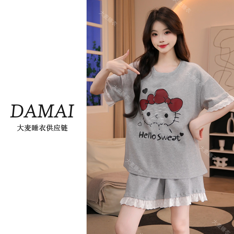 【100%棉短袖短裤带胸垫】夏季纯棉带胸垫新款睡衣女休闲家居服套装