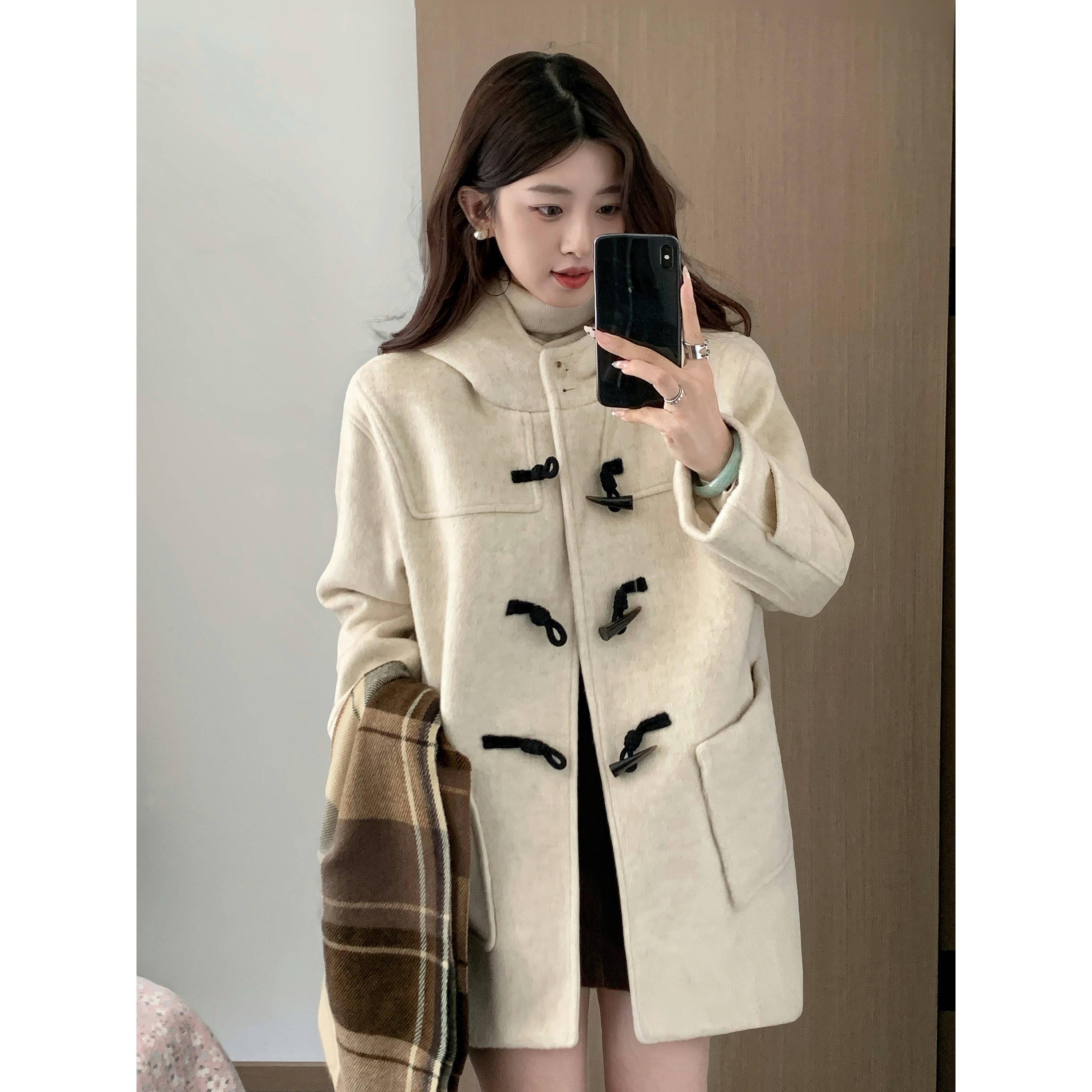 短款牛角扣大衣女2025冬季新款韩系学小女士深长紫色双面绒大衣