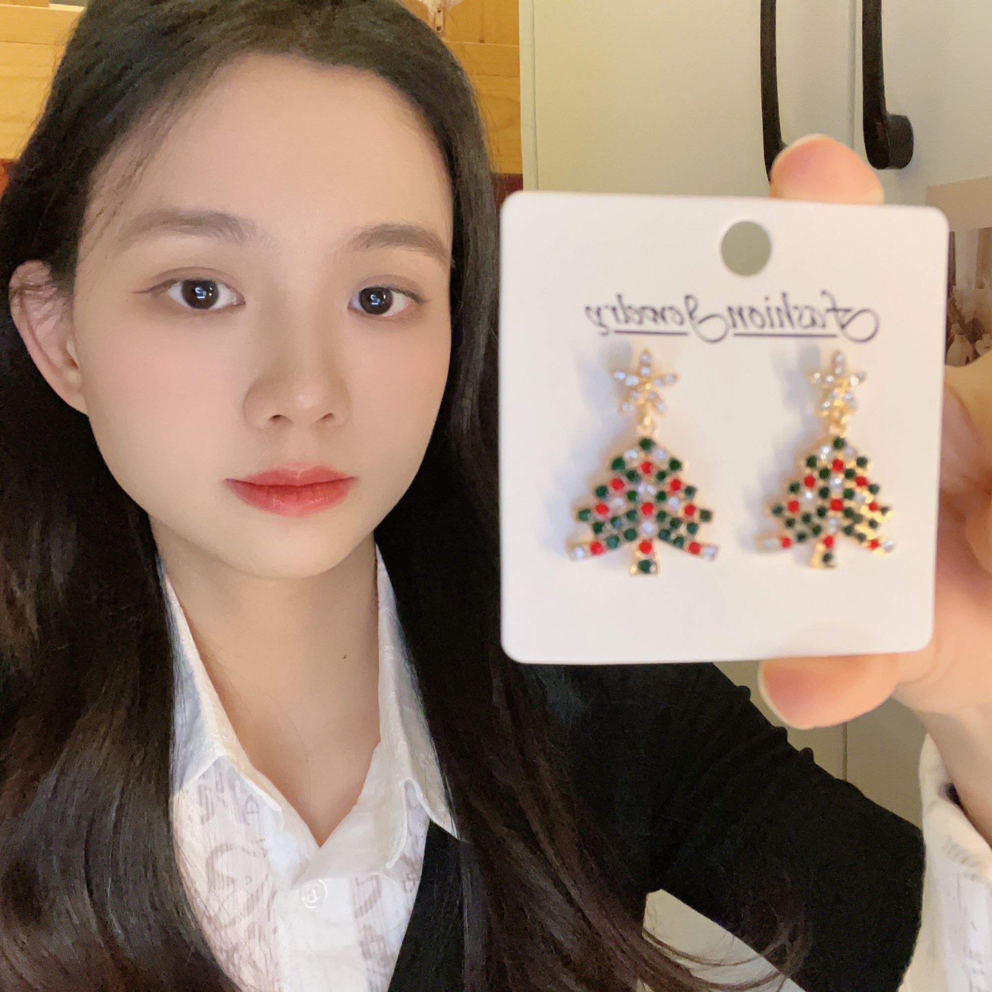 合金合成锆石耳饰 闪耀圣诞树流苏耳钉气质高级小众百搭耳饰轻奢