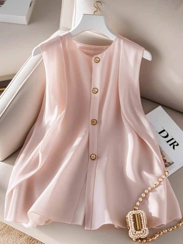 夏季松弛穿搭法式高级感小香风气质粉色雪纺无袖衬衫背心上衣女装