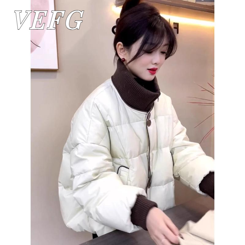 VEFG欧货撞色立领百搭棉服女冬季大码胖mm时髦洋气超好看短款棉衣