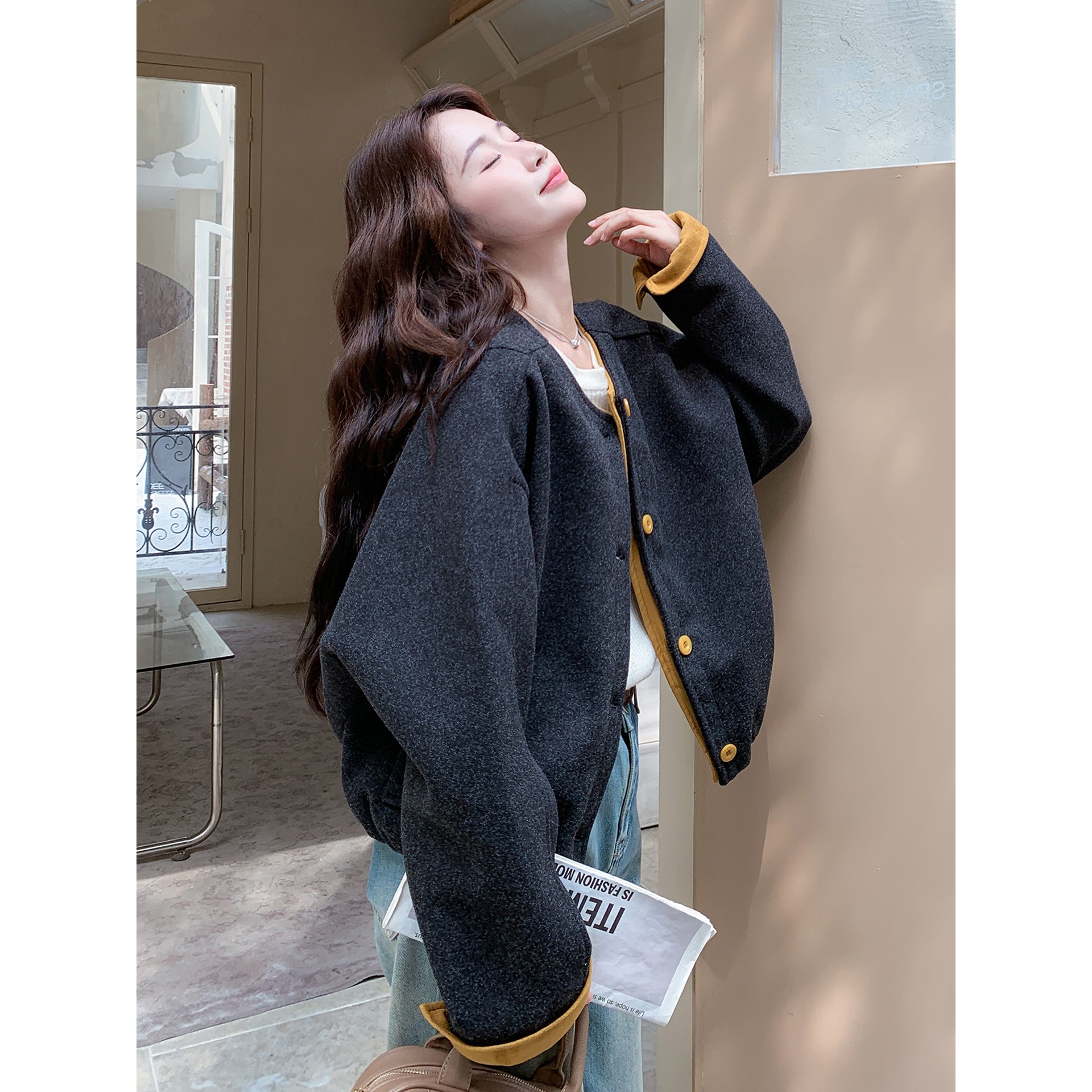 撞色毛呢短外套女冬季2025年新款韩版小个子休闲百搭呢子上衣羊羔