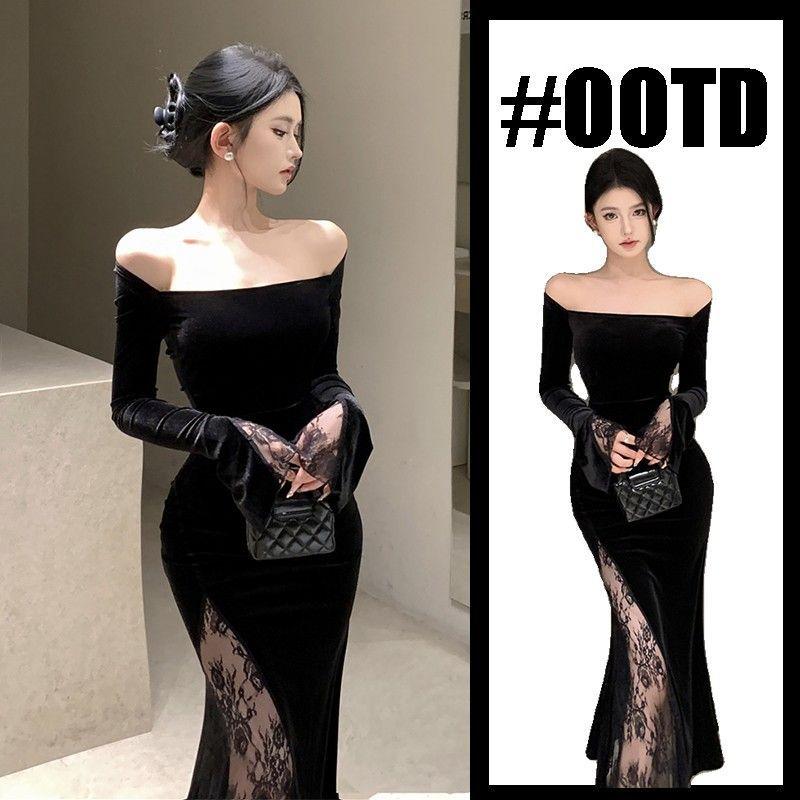 辣妹黑色高级感丝绒连衣裙女2025秋冬新款法式气质蕾丝开叉裙子