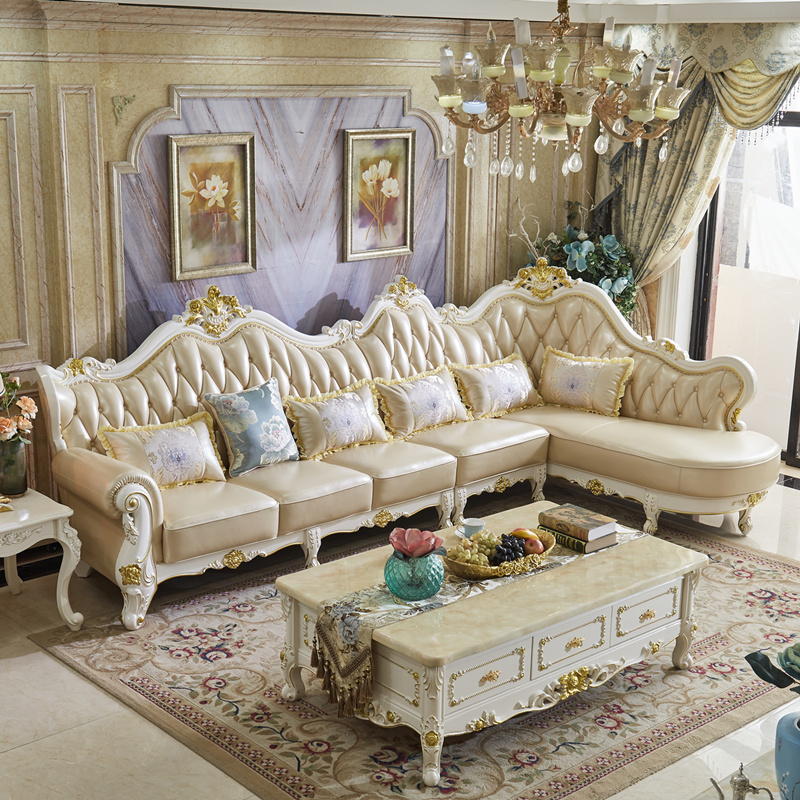 欧式真皮贵妃转角沙发高端大小户型组合客厅轻奢实木雕花L型沙发