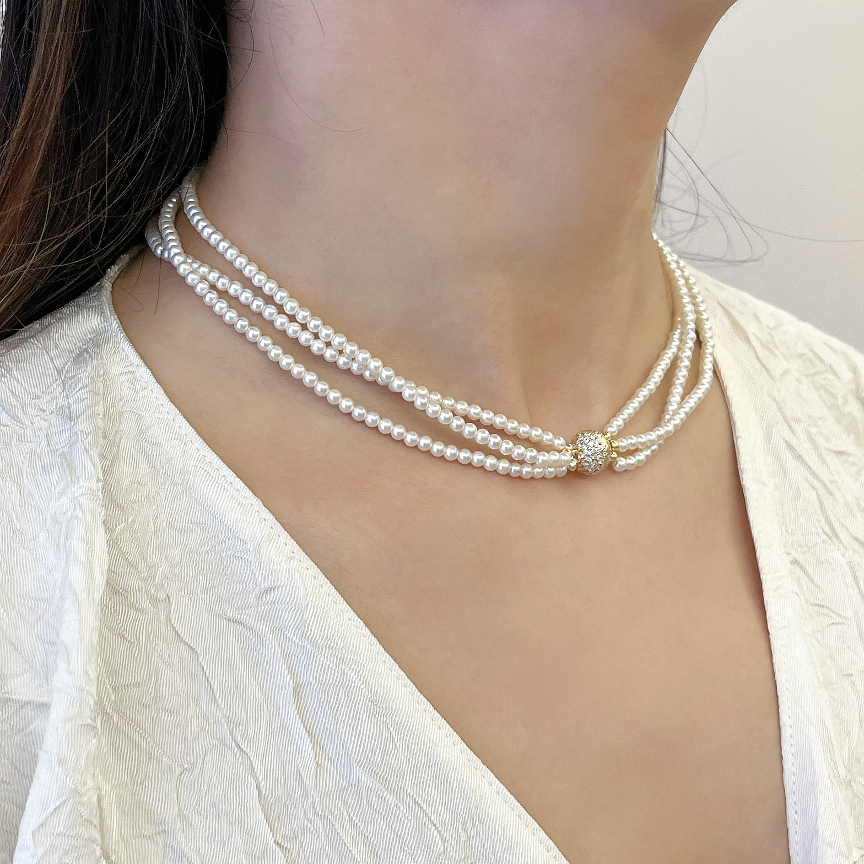 琢啦啦 铜合金仿珍珠项链 磁力球三层仿珍珠颈链女短款设计感网红