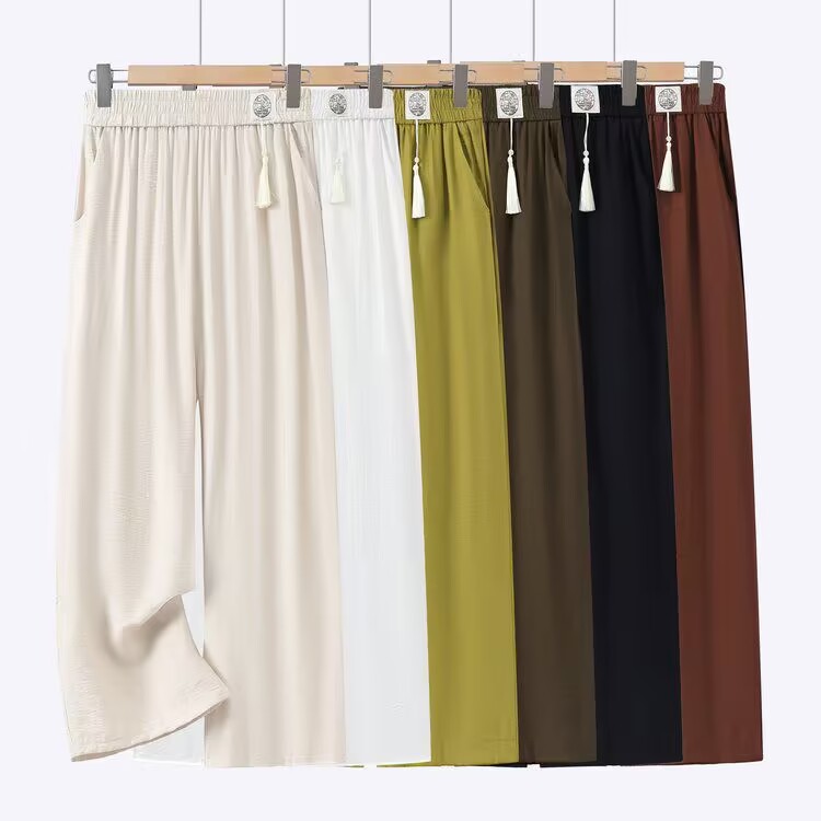 升级樱花裤初秋高腰直筒裤女夏季新款宽松妈妈裤子中老年女裤松紧