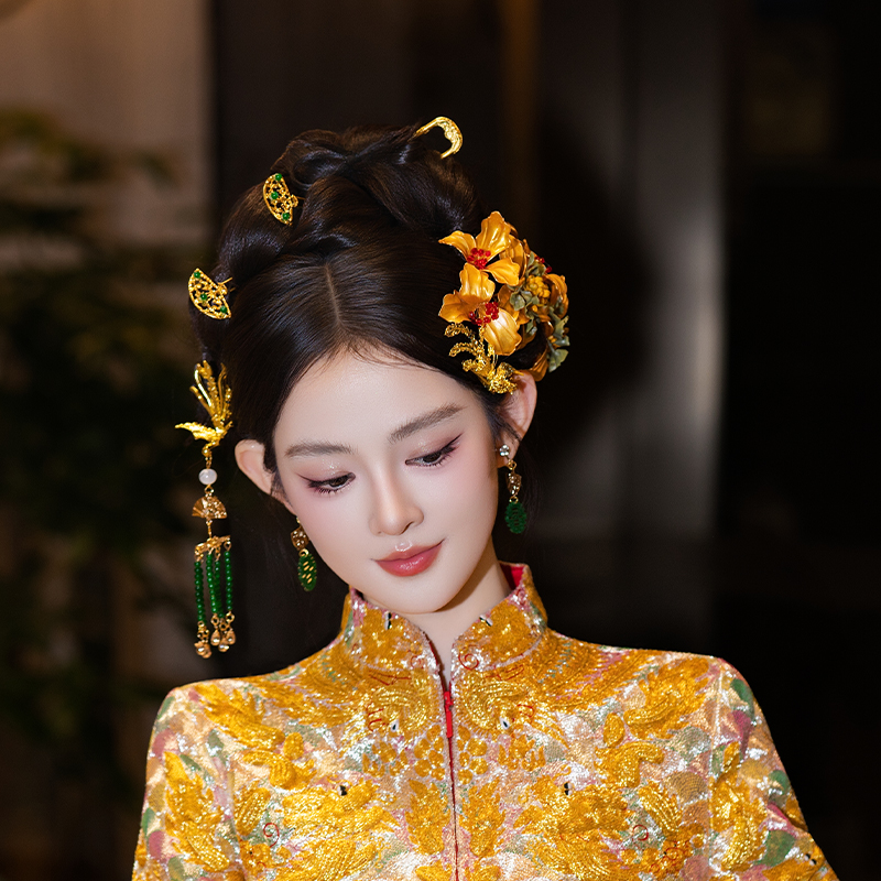 合金婚庆饰品 传统新娘古风结婚金色凤凰减龄手工流苏配饰MT0161