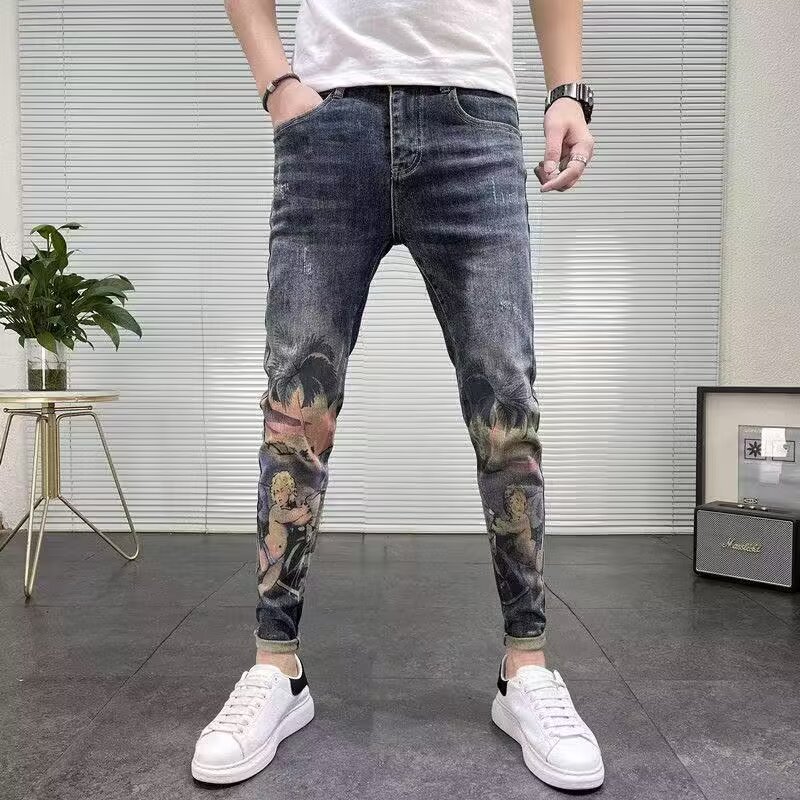 时尚高街个性印花牛仔裤男夜店潮流休闲百搭潮牌修身弹力小脚长裤