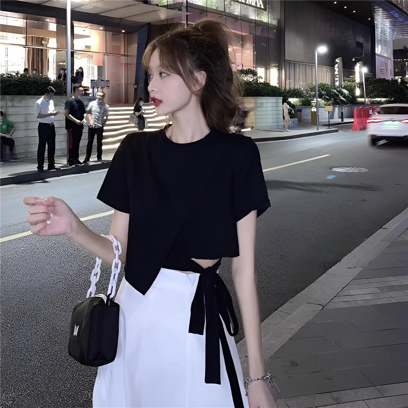 设计感小众不规则黑色正肩短袖T恤女夏季蝴蝶结系带高腰短款上衣