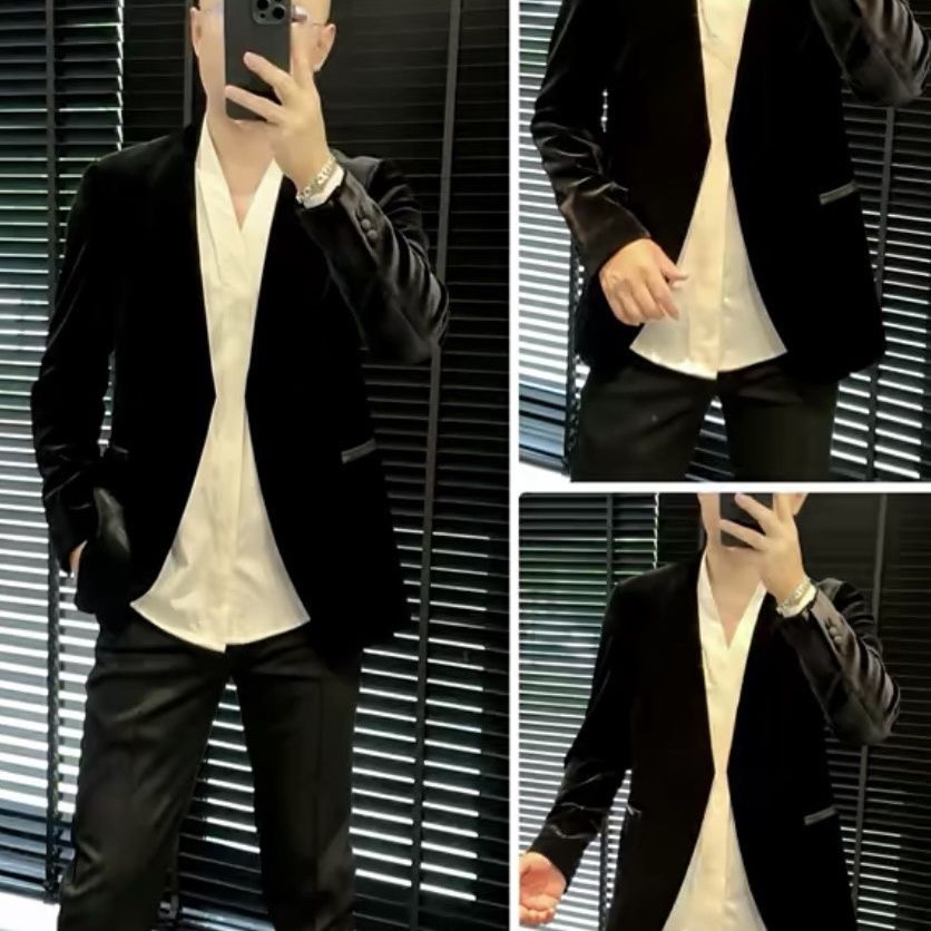 轻奢高品质金丝绒无领西装西服男秋季新款商务休闲气质外套9082