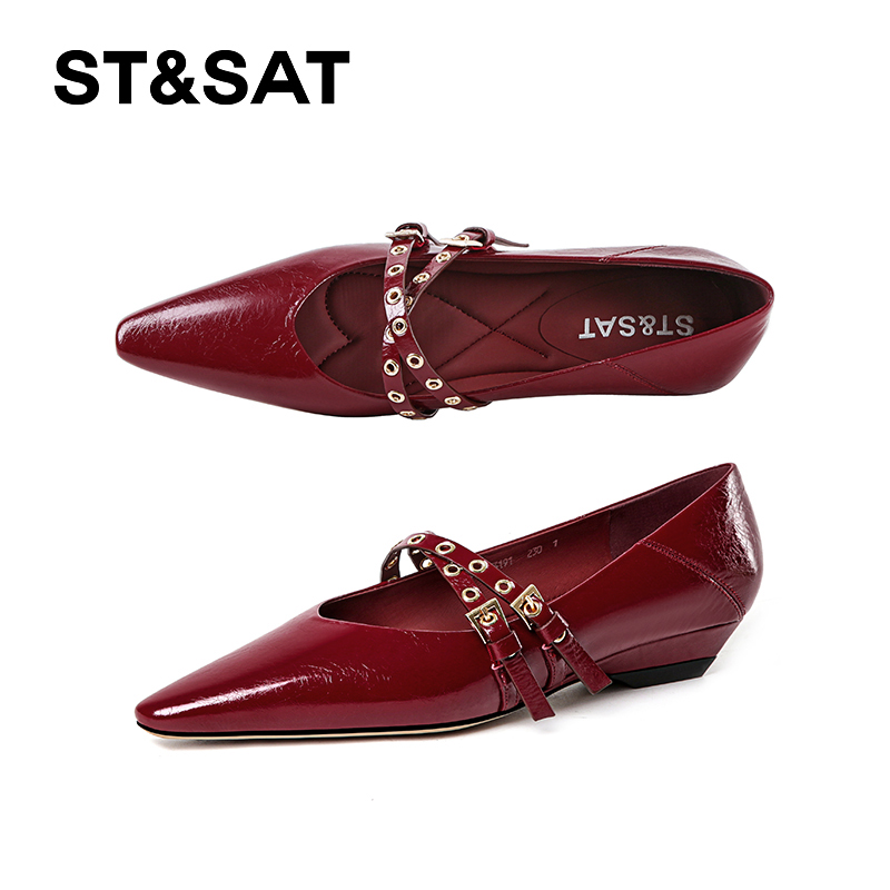 St&Sat/星期六低跟女鞋平底鞋浅口学院风春季尖头单鞋铆钉百搭