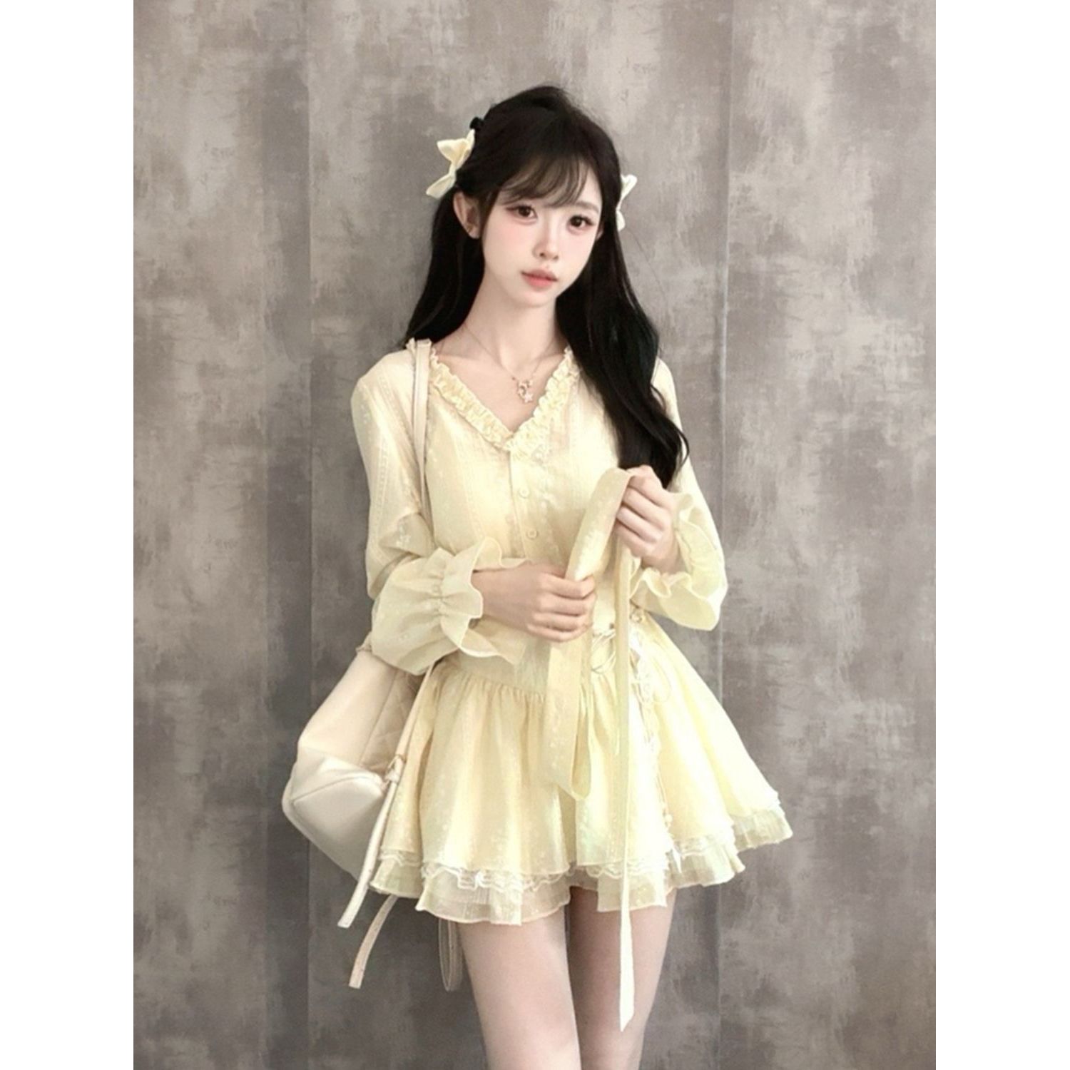 杏花微雨 韩系甜美温柔长袖连衣裙女早秋新款少女感收腰显瘦短裙