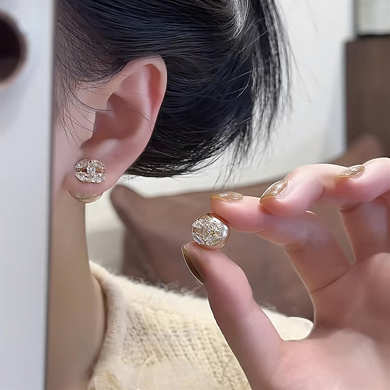 铜合金耳饰 925银针香槟色锆石字母珍珠耳钉一款两多戴名媛风耳饰