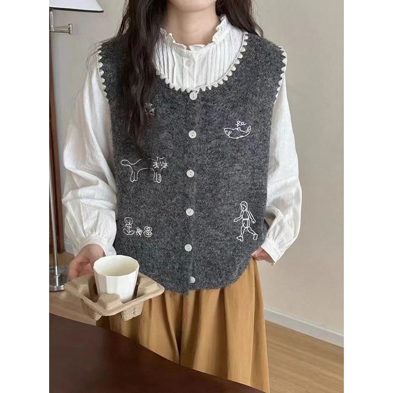 韩系早秋马甲毛衣外套女卡通刺绣减龄显瘦无袖背心针织上衣开衫女