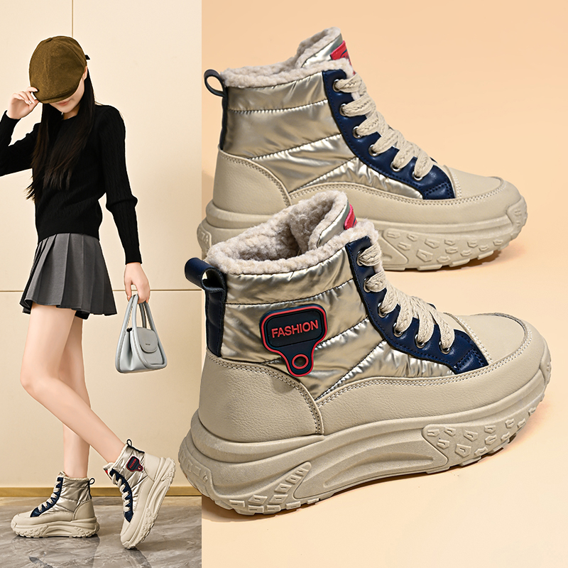 雪地靴鞋子女新款2025冬季女鞋保暖高帮雨伞布加绒厚底增高棉鞋