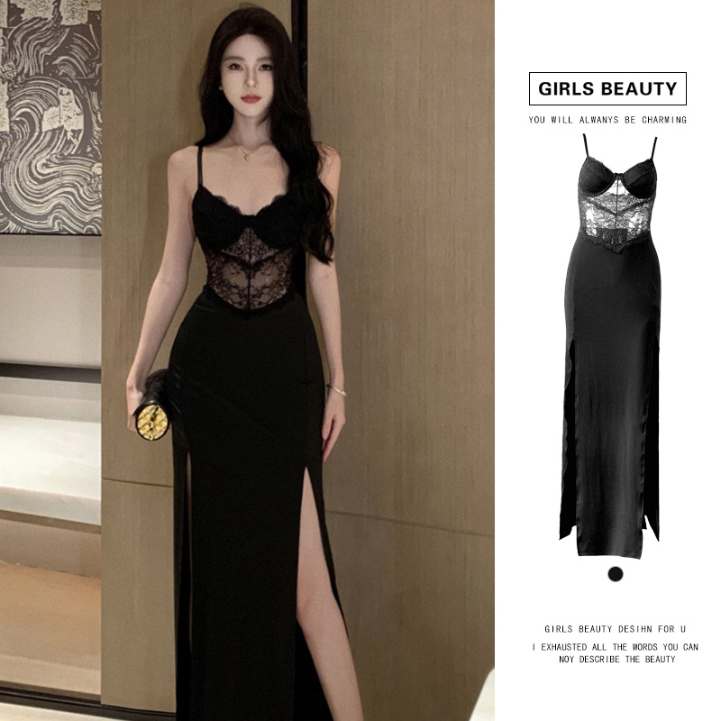 GIRLS BEAUTY丨黑色蕾丝吊带连衣裙女晚礼服开叉紧身裙海边穿搭