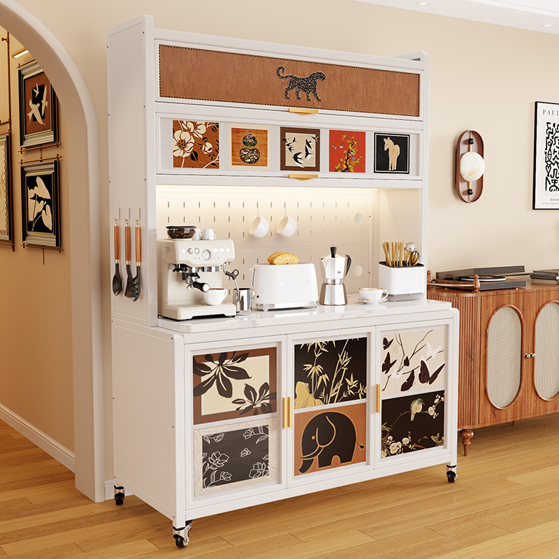 中古风餐边柜多功能靠墙一体复古橱柜落地置物柜厨房带岩板储物柜