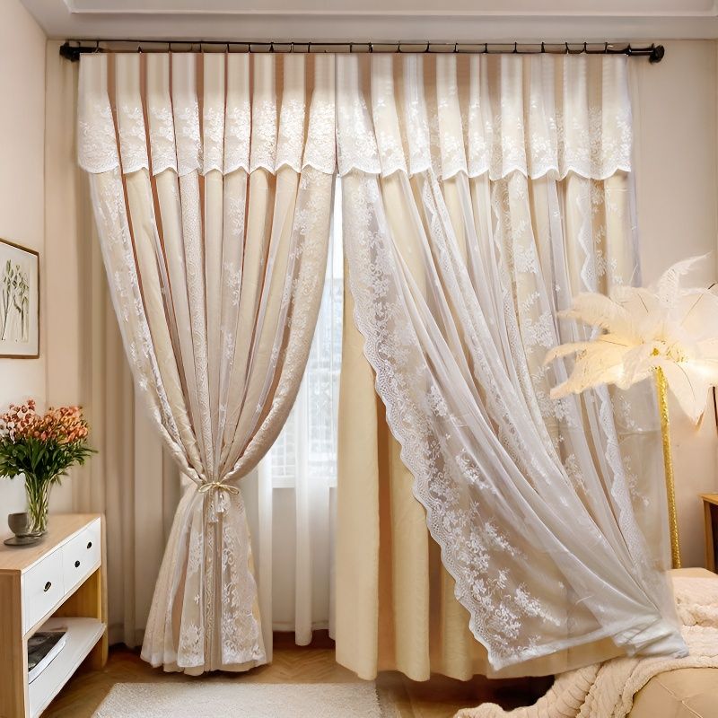 轻奢双层带纱遮光窗帘法式公主风蕾丝卧室隔热遮阳2025法式窗帘