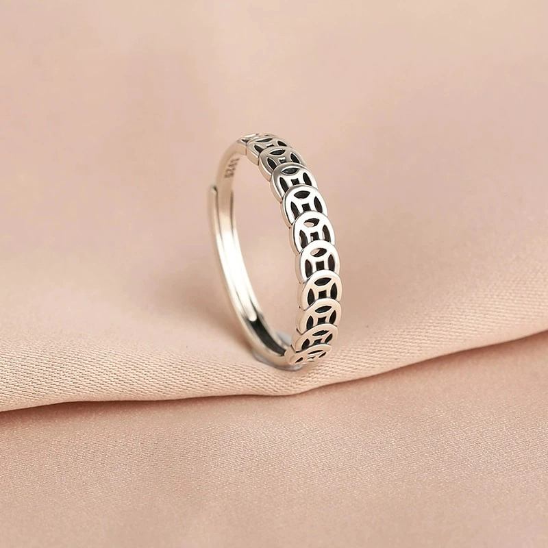 925银戒指 复古戒指招财聚财钱币个性设计简约小众开口转运指环潮