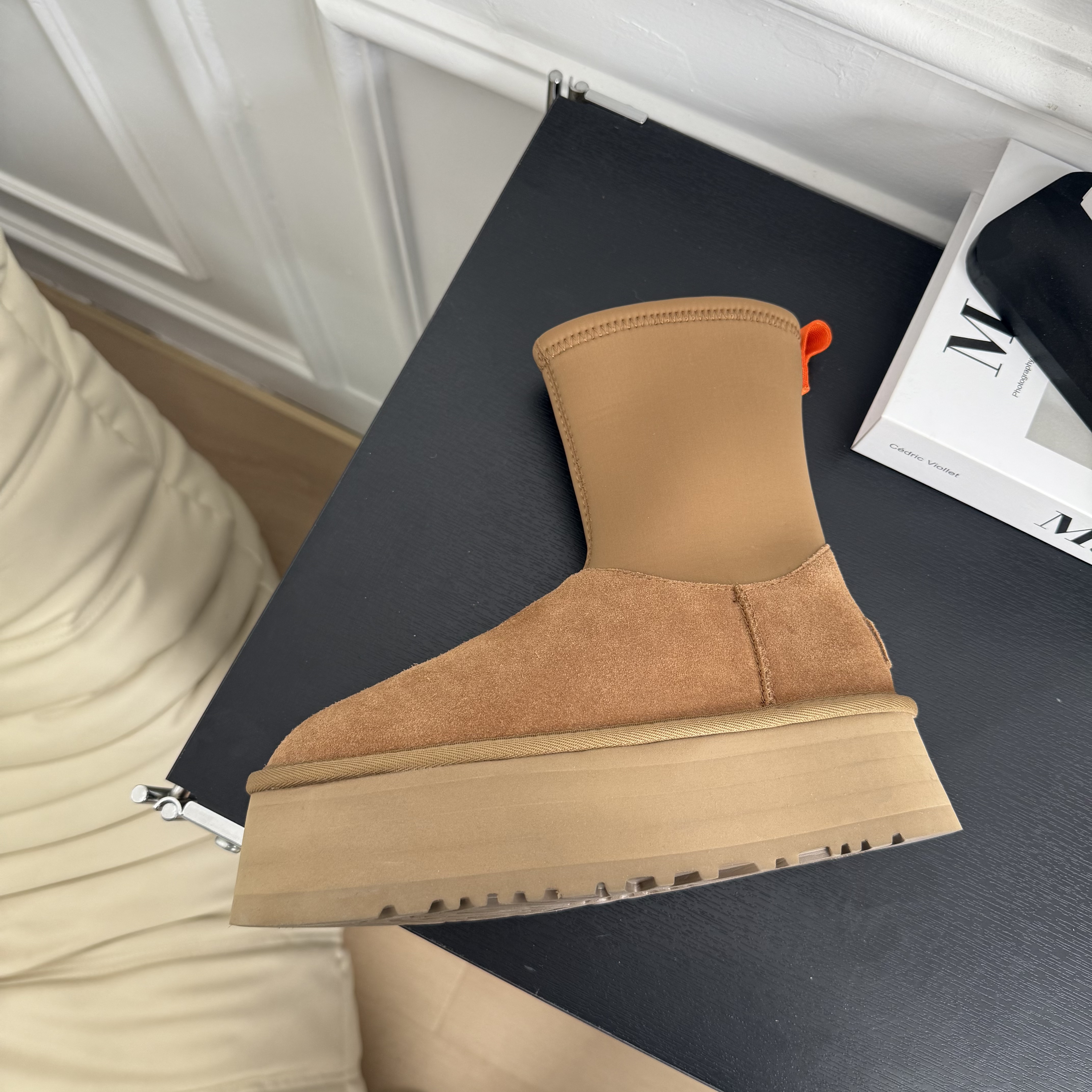 桑坡真皮真毛5cm厚底弹力布雪地靴4031