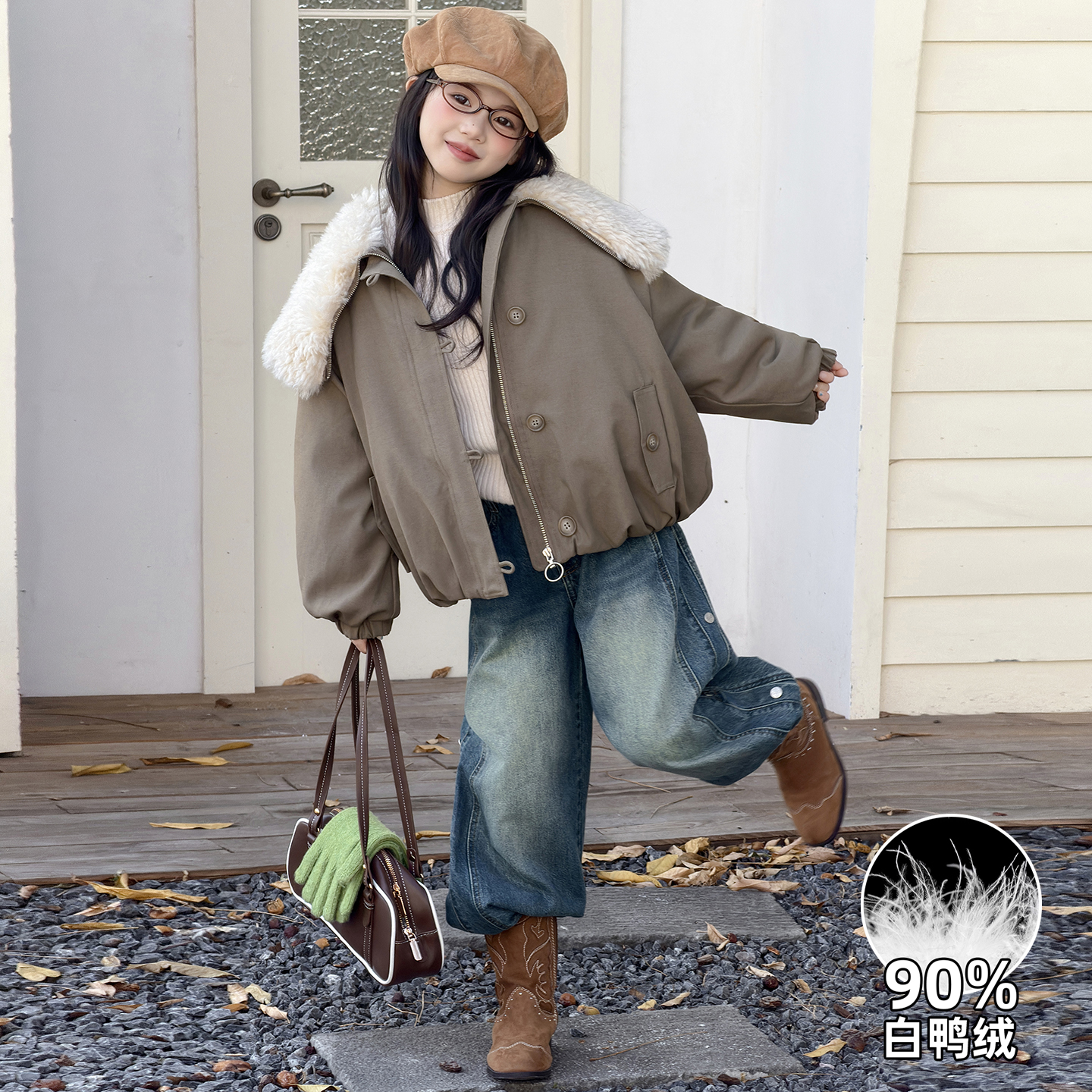 女童冬季韩版休闲复古风大毛领白鸭绒羽绒服中大童外套儿童冬装潮