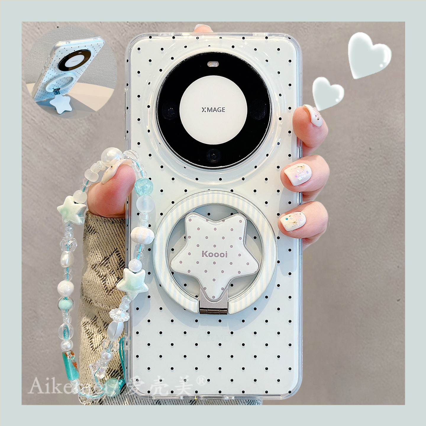 适用华为mate70pro+手机壳黑底蓝波点mate60pro+星星折叠磁吸支架