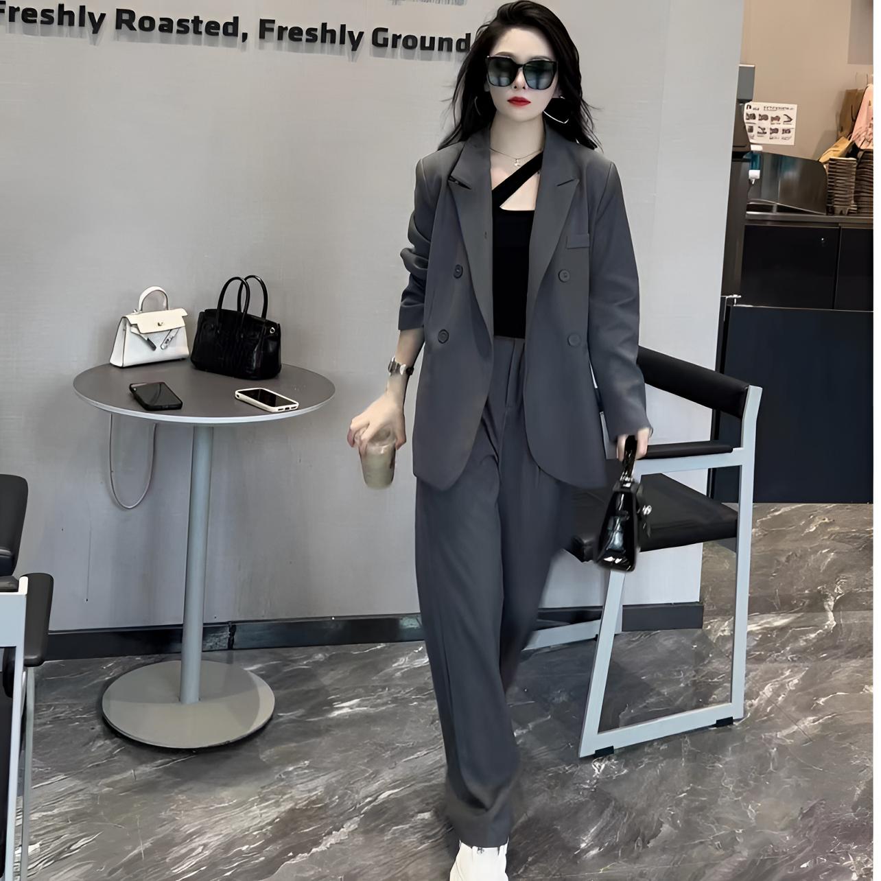 【套装】女春秋款2025新款高级感西服外套阔腿裤两件套时尚显瘦西装