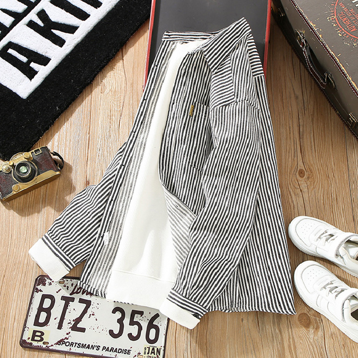 奥特莱斯澜玺原创 条纹衬衫男韩版长袖潮牌休闲春秋季日系痞帅衬