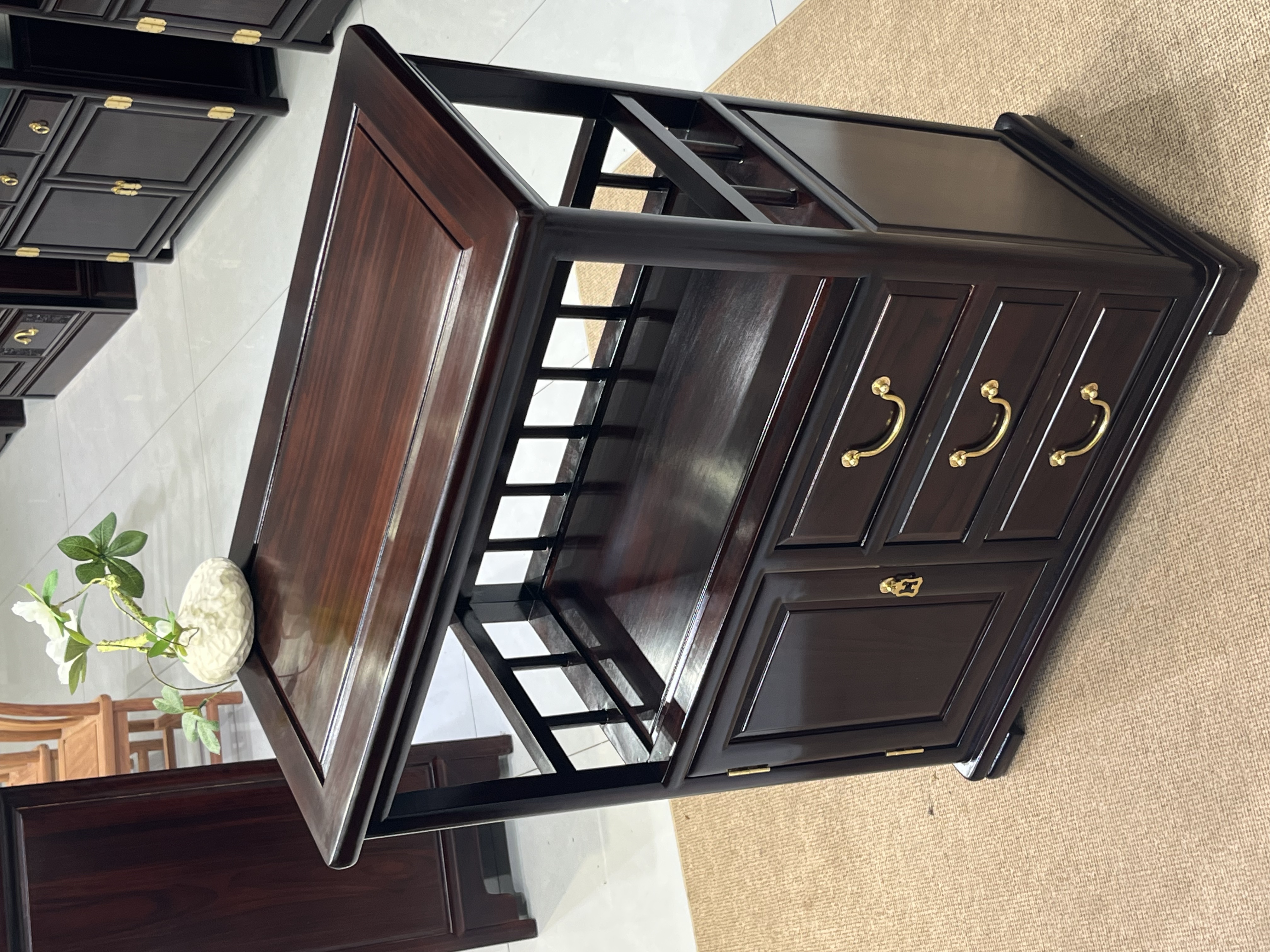 黑酸枝木新中式三抽一门茶水柜收纳柜边柜