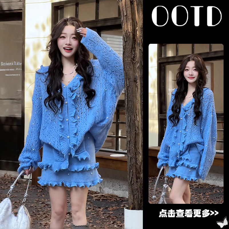 【现货】冬季穿搭一整套女2025新款木耳边V领针织开衫短裙两件套