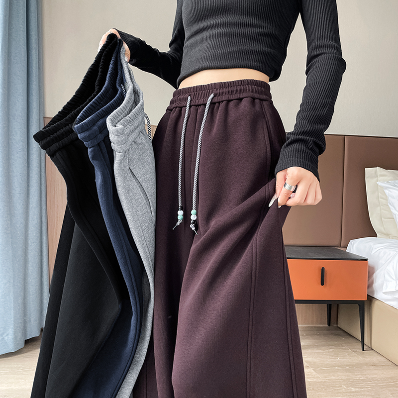 安可拉红小个子弯刀裤女秋冬加绒高腰宽松运动阔腿香蕉裤梧桐卫裤