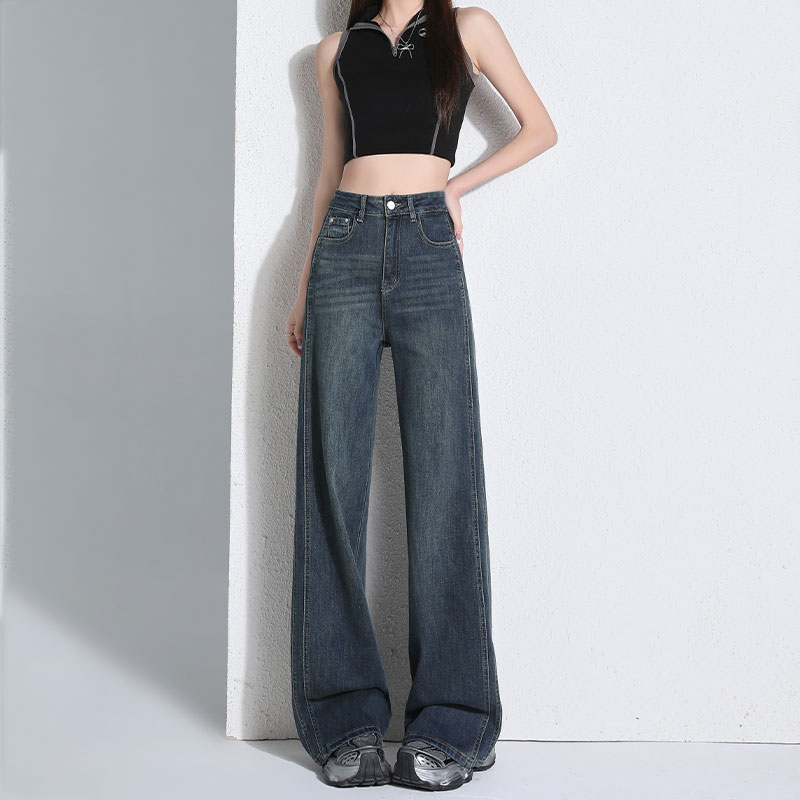 美式复古窄版阔腿牛仔裤女2025夏季新款高腰显瘦垂感直筒裤子百搭