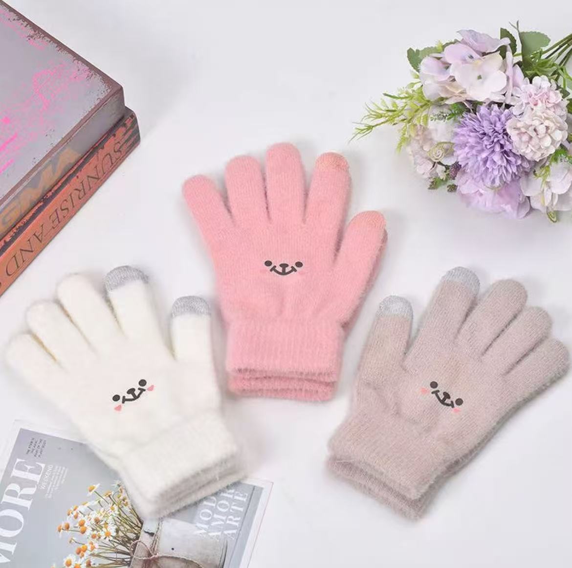 可触屏卡通笑脸防寒加绒手套保暖手套