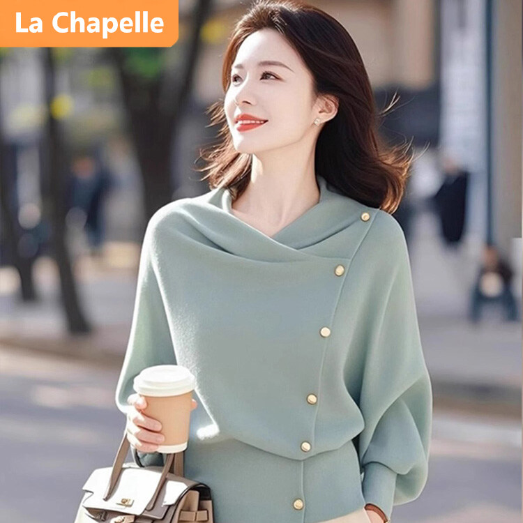 拉夏贝尔秋季宽松型不规则领休闲慵懒风纯色小众毛针织衫长袖上衣