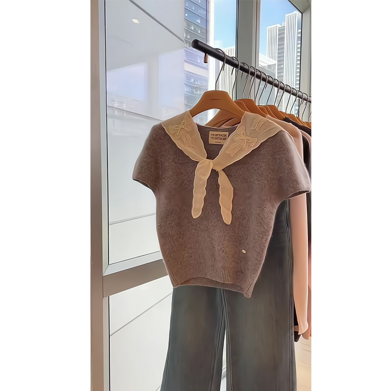 秋冬季新款蕾丝领珍珠蝴蝶结短袖针织衫上衣宽松阔腿裤直筒牛仔裤