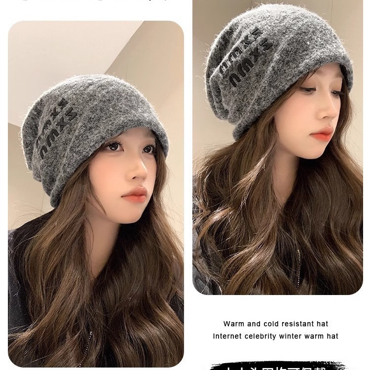 高级感网红堆堆帽女大头围灰色帽子韩版慵懒风包头帽保暖百搭冷帽