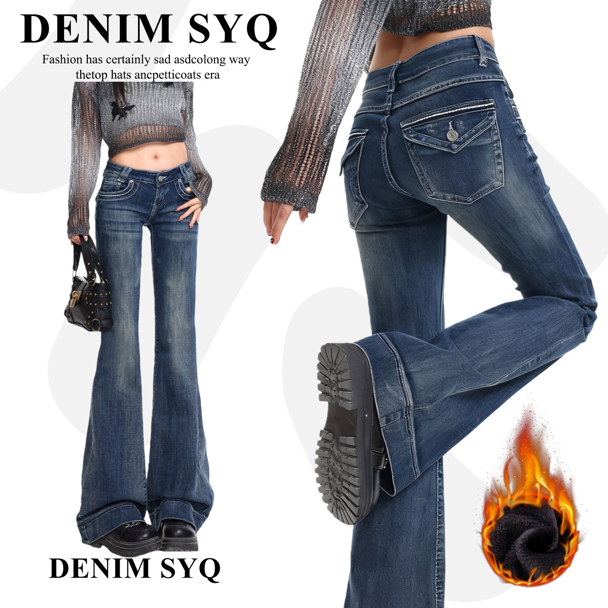 加绒加厚蓝色低腰微喇牛仔裤女2025秋冬季美式复古修身喇叭裤