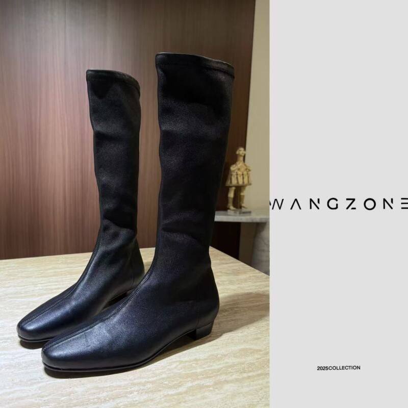 WANG ZONE｜气质显瘦珍珠纹弹力羊皮百搭小方头长筒“瘦瘦靴”