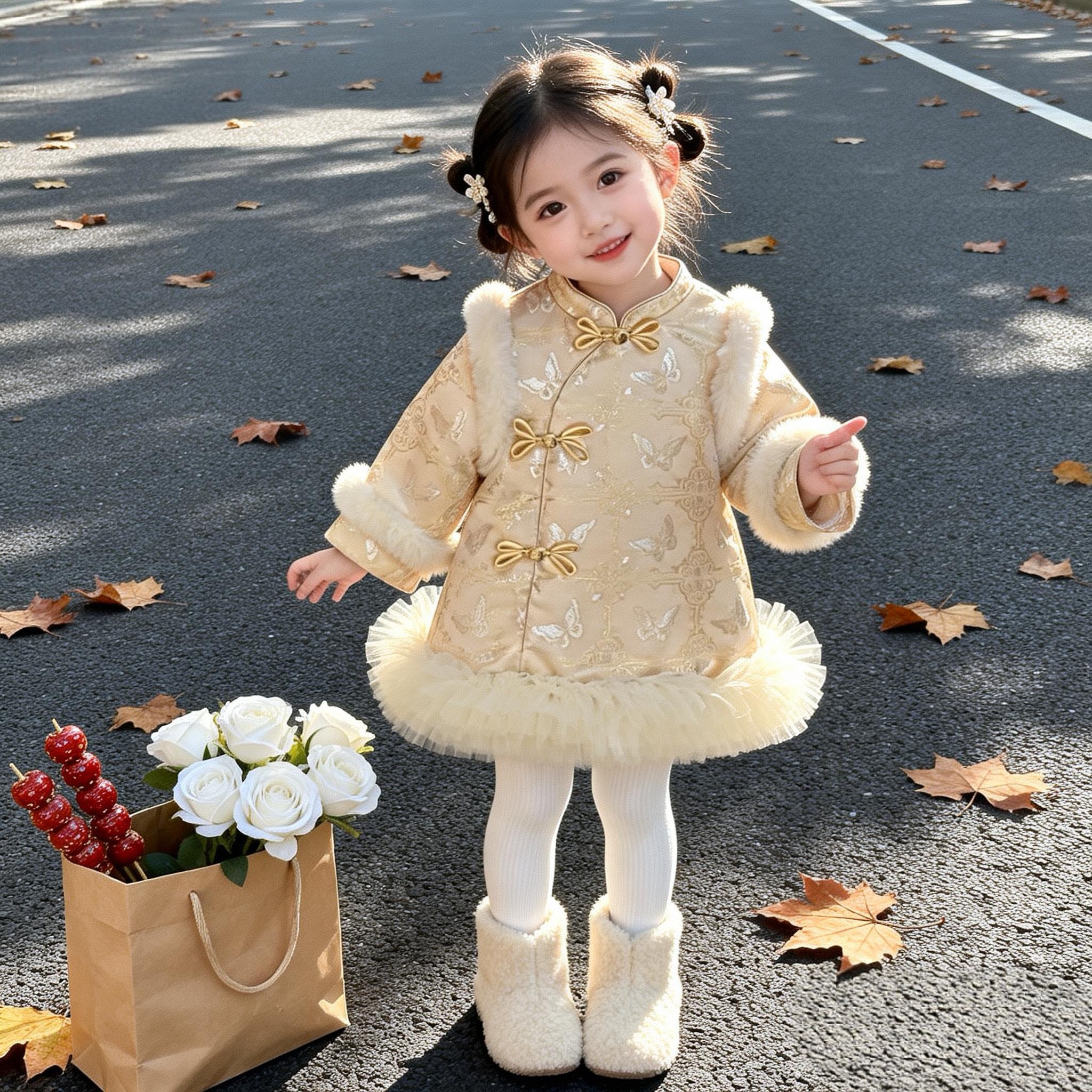 女童拜年服2025新款加绒冬周岁礼服小童女宝宝汉服旗袍公主裙上衣