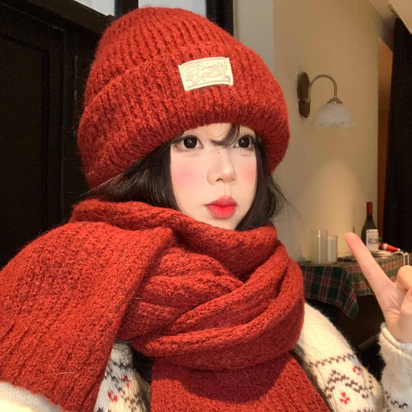 红色针织帽女冬季新年显脸小百搭毛线帽加厚保暖防寒帽子围巾套装