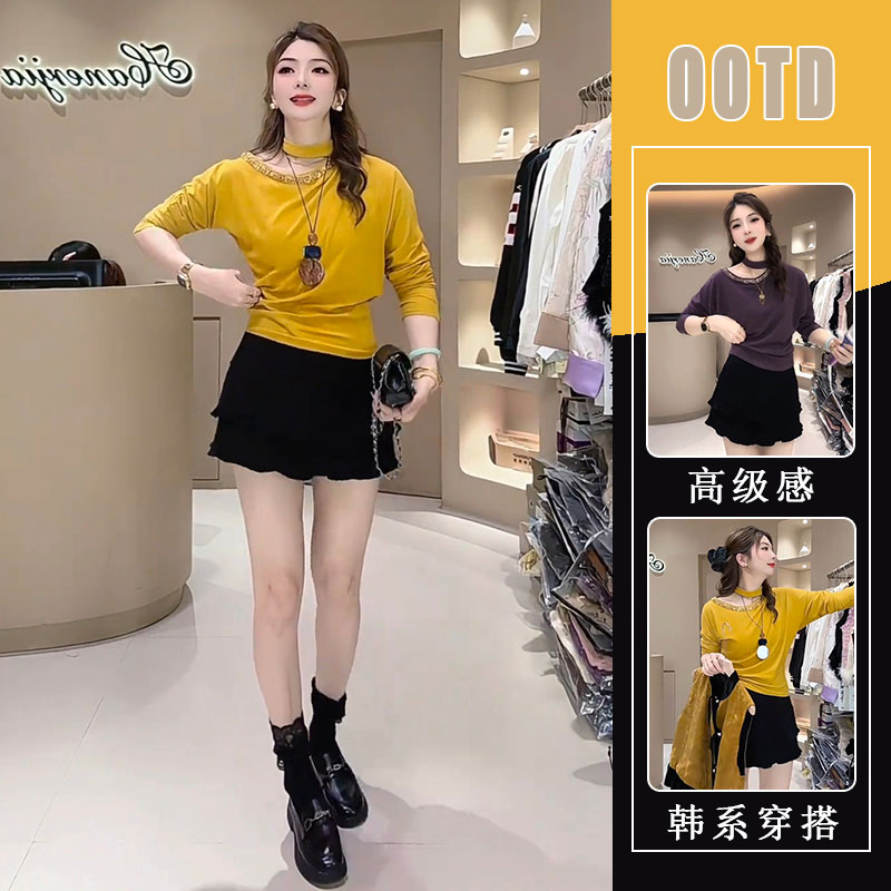 复古休闲露肩长袖遮肉显瘦上衣女装秋季减龄辣妹半身裙两件套潮流