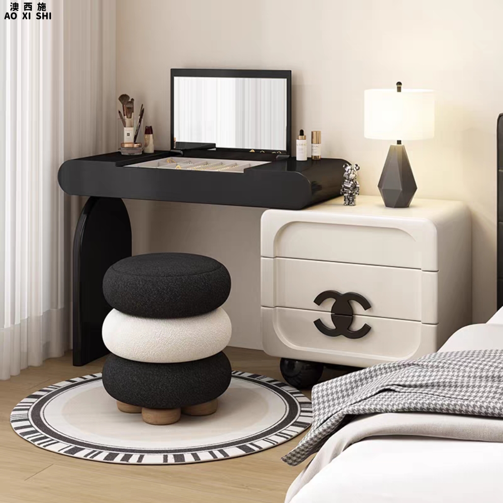 澳西施黑白色实木梳妆台斗柜一体卧室简约现代化妆台奶油风化妆桌