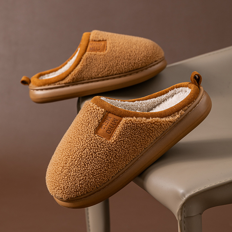 简约毛毛绒棉拖鞋男冬季室内家居防滑厚底加绒保暖情侣高级感棉拖