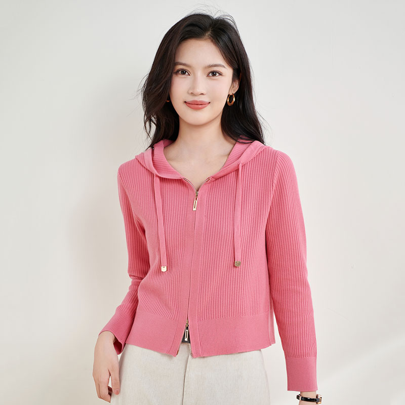 宝迪莱丝2025秋季通勤风连帽休闲百搭长袖莱赛尔天丝针织衫女开衫