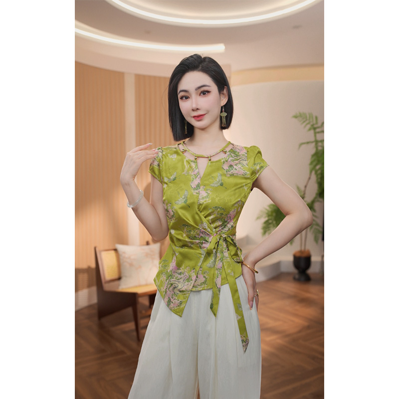 格娜夏季气质新款设计师款小众别致薄款上衣系带收腰显瘦女衬衫