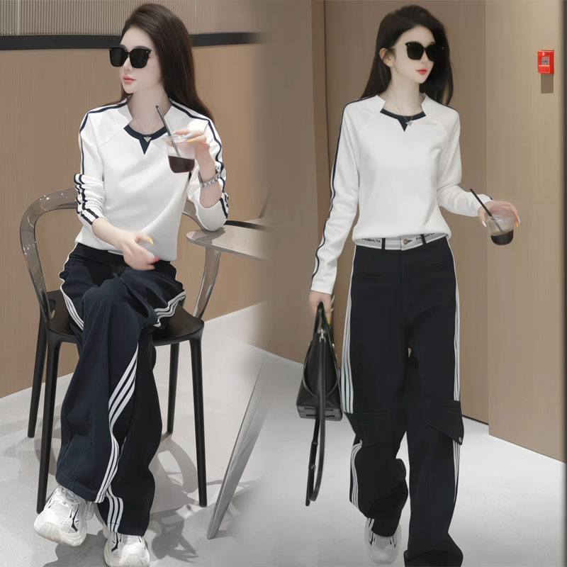 2025秋季时尚显瘦韩版撞色长袖t恤贴袋阔腿裤气质休闲减龄两件套