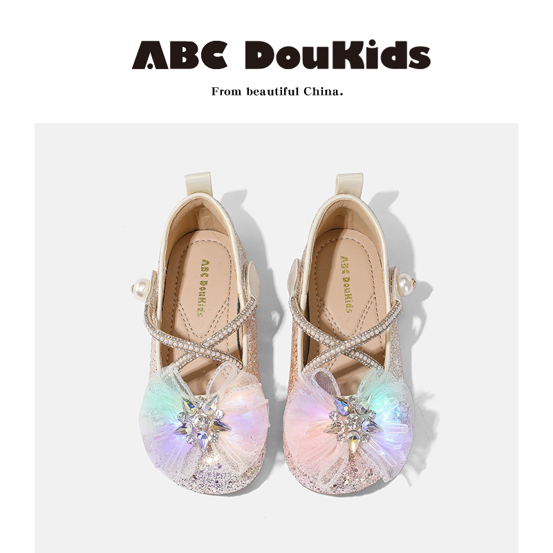 ABC Doukids女童带灯水晶公主鞋2025秋季儿童发光蝴蝶结平底鞋